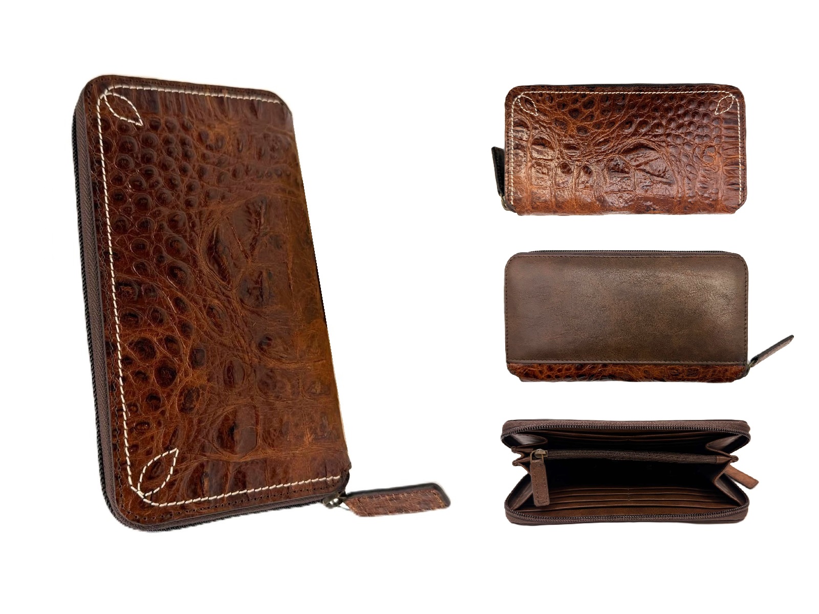 Embossed zip clutch brown