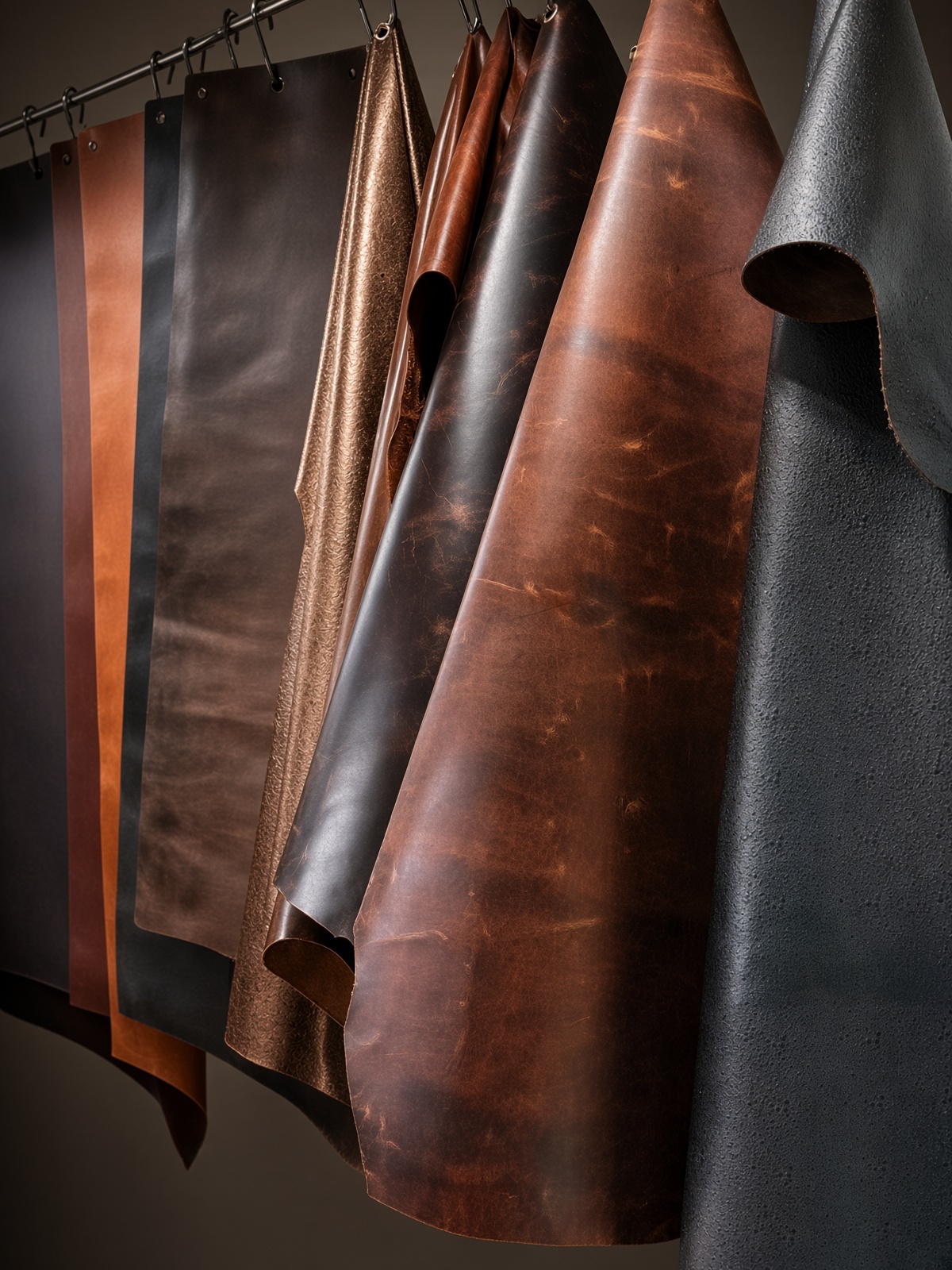 Leather hides on the rail